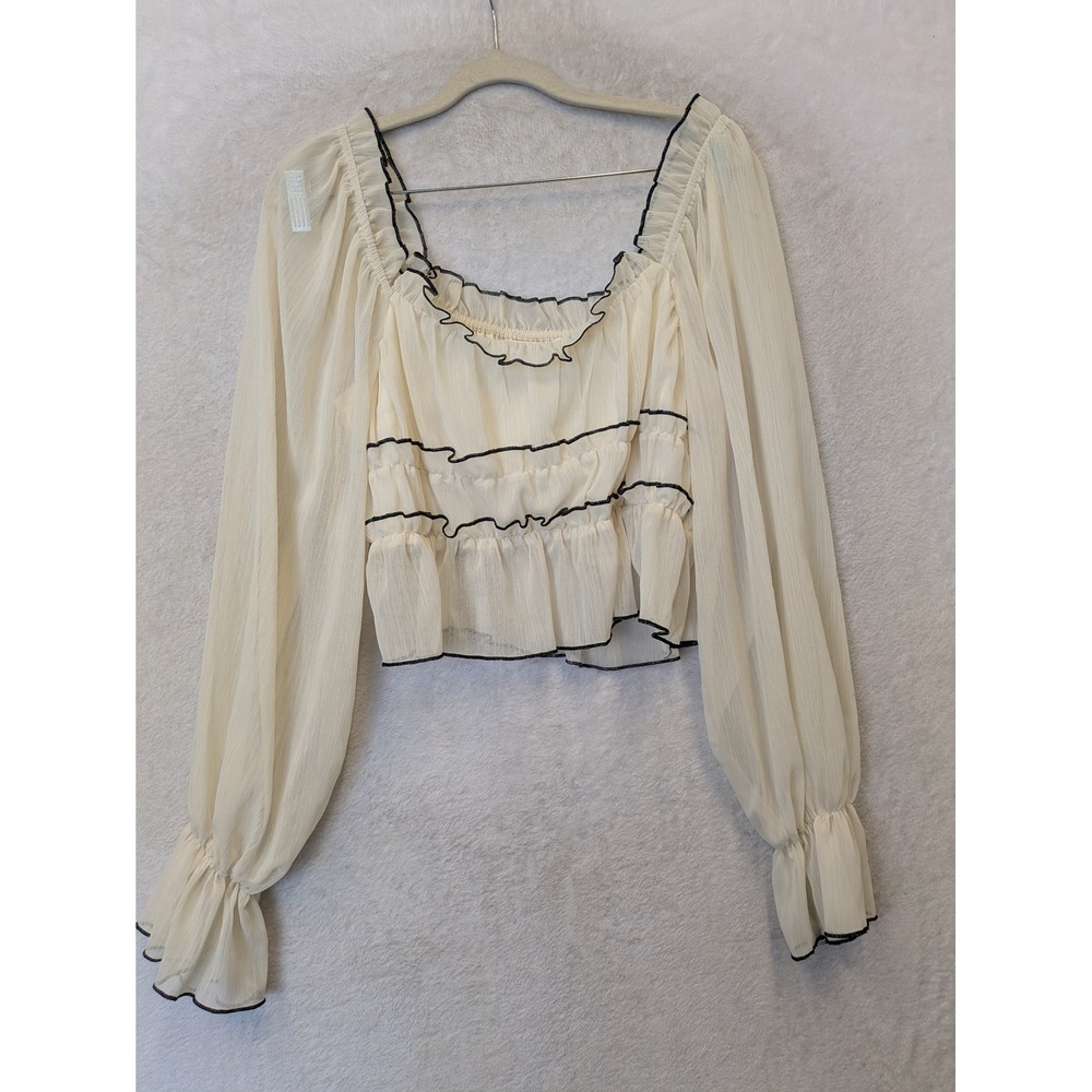 SHEIN Blouse Women's Size 6 Medium Cream Ruffle Bishop Sleeve Lettuce Trim